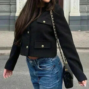 Black Elegant Women's Casual Tweed Jacket Decorated Long Sleeve Coat